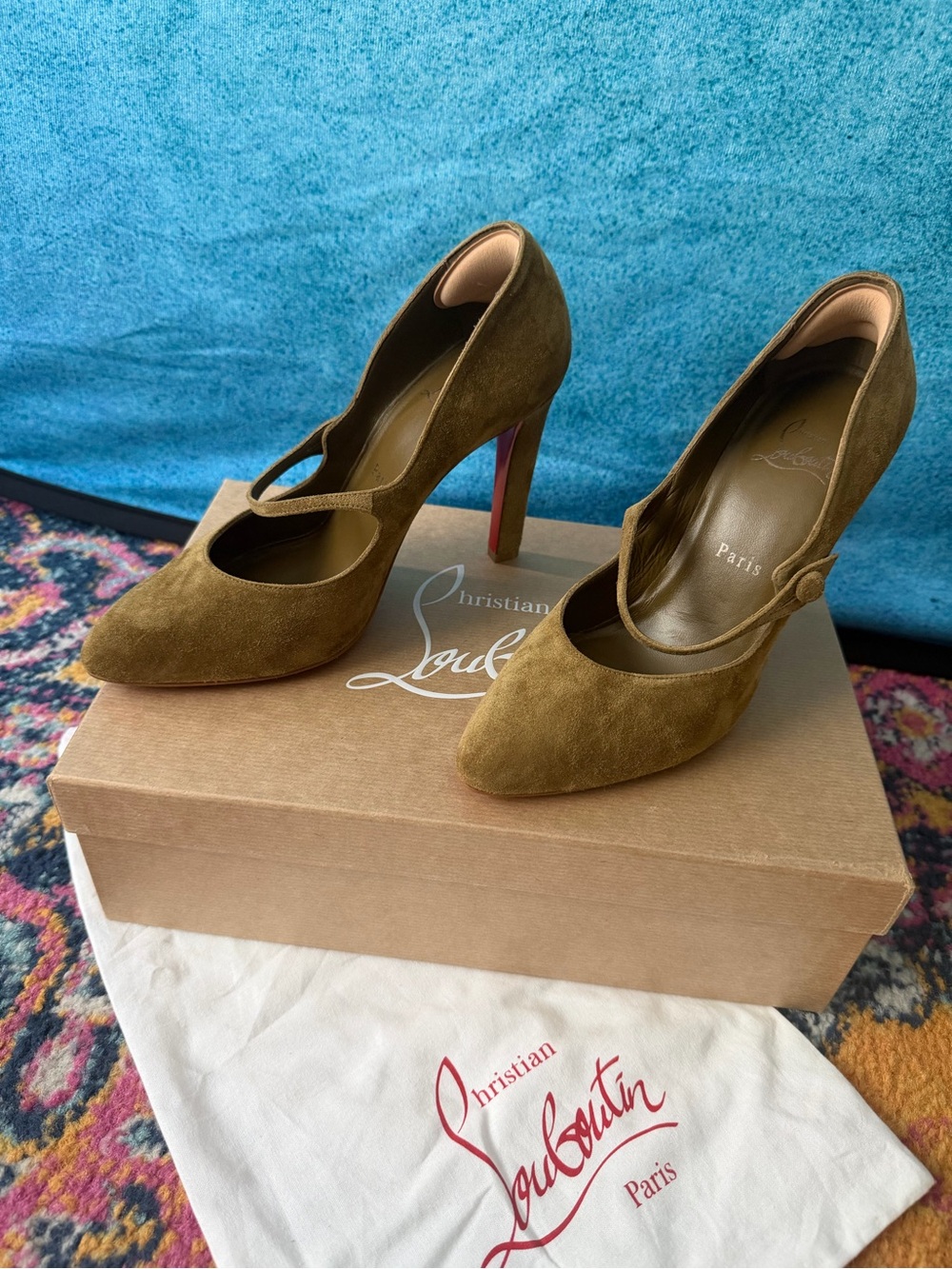 Christian Louboutin Olive Green Suede Mary Jane Pumps